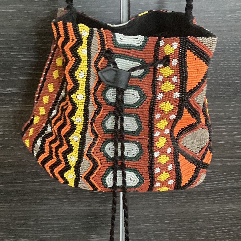 EUC Zara Safari Bucket Boho Beaded Bag w Beaded Tassels in a Tribal Pattern